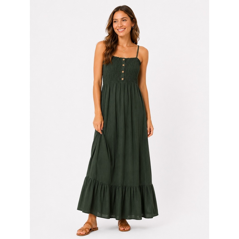 AUW Forest Green Smocked Maxi Dress Wood Button Tiered Ruffle Hem Medium